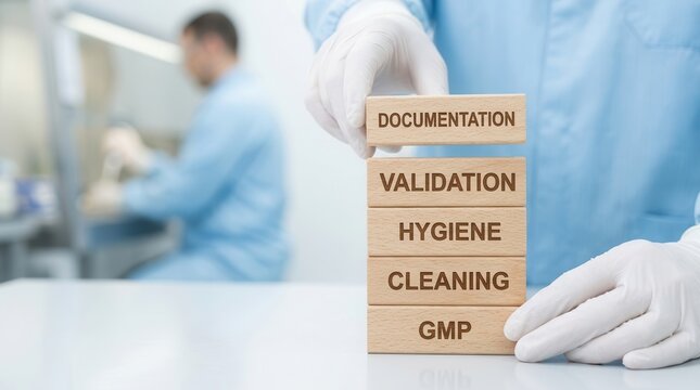 Gloved hand stacking wooden blocks with GMP cleaning hygiene validation documentation text.