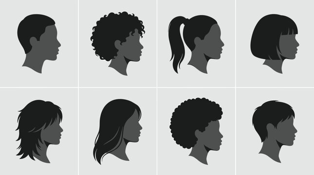 Collection of eight different female head silhouettes in profile view featuring various hairstyles including curly afro ponytail bob and layered cuts on a light gray background