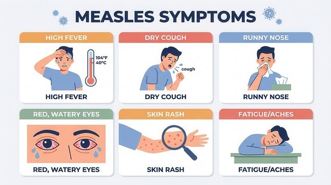 Infographic illustrating measles infection signs including fever, cough, rash, and red eyes.