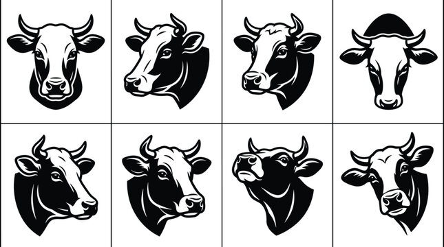 Collection of eight black and white cow head in various poses and angles for farm branding