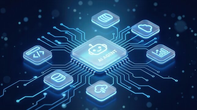An intelligent AI agent connecting data, code, and digital tools in an automated workflow.