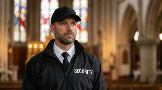 A vigilant security guard standing at the entrance of a church to provide protection and surveillance.