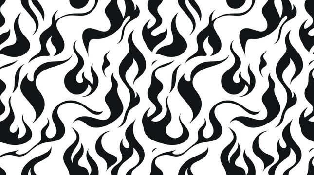 Seamless pattern of large stylized black flame shapes arranged on a solid white background