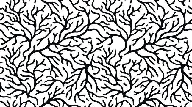 Seamless pattern featuring intricate black branching tree root or coral structures on white background