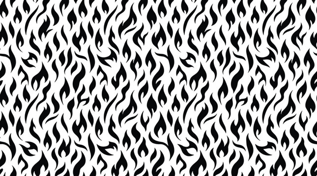 Seamless pattern of small repeating black flame arranged in a dense grid on white background