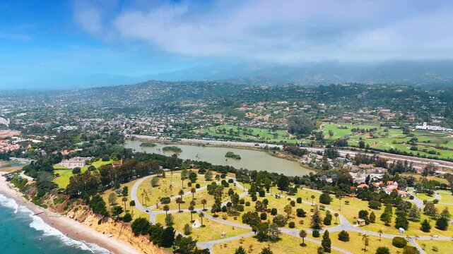 Vast golf courses with green trees. Aerial perspective on Andree Clark Bird Refuge in Santa Barbara, California, USA.
