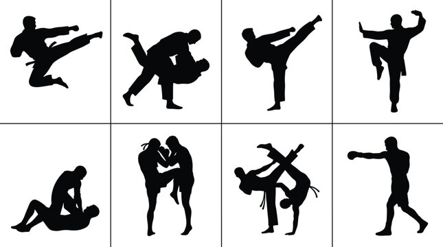 Collection of martial arts silhouettes showing various fighting techniques and combat poses