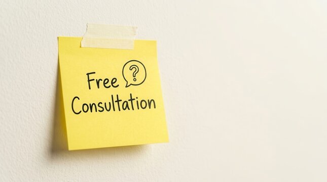 Yellow sticky note with Free Consultation text and question icon for professional business advice.