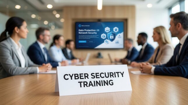 Cyber security training session with professionals presenting data protection and digital threats to corporate employees.