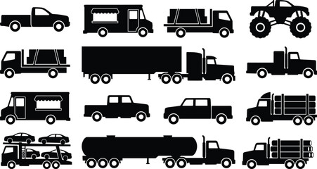 Collection of black silhouette representing various types of trucks and vehicles on a white background © MD