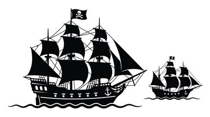Pirate ships with skull and crossbones flags black silhouette © MdRakib