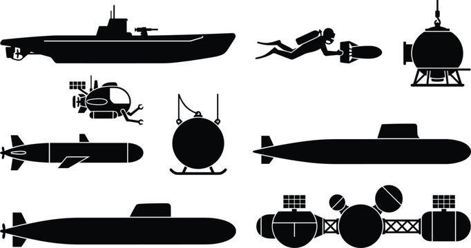 Submarine and underwater exploration vehicle silhouettes collection featuring divers and deep sea research stations in black