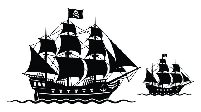 Pirate ships with skull and crossbones flags black silhouette