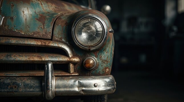 Close-up detail of a vintage car headlight in a dark garage.