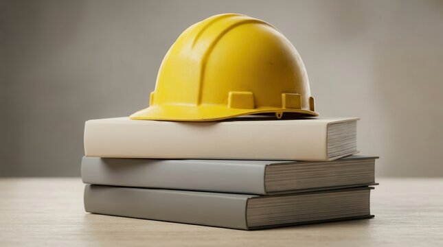 Yellow construction hard hat resting on a stack of OSHA occupational safety and health administration books.
