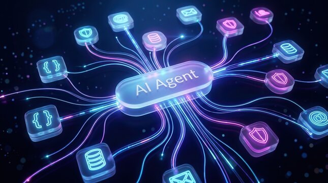 Artificial intelligence agent workflow featuring a data tool dashboard and coding icon process.