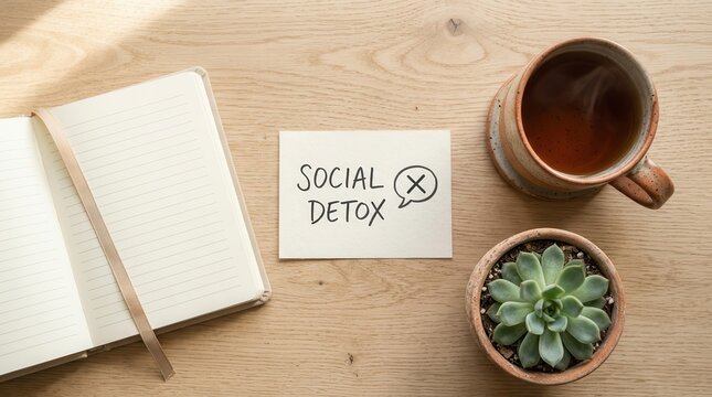 Social media detox and digital wellbeing concept with a note on a wooden desk.