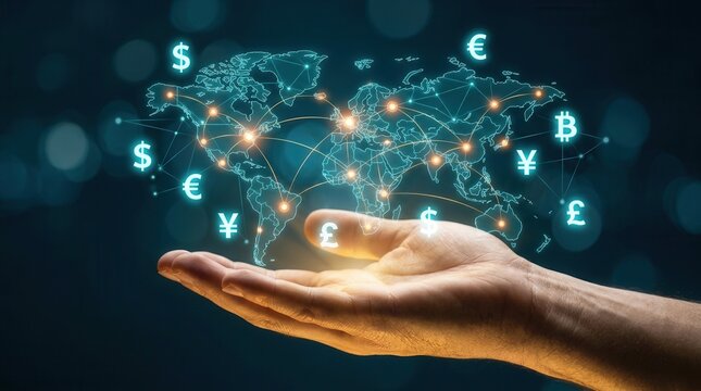 Digital world map with currency symbols and cryptocurrency icons for cross-border transactions.