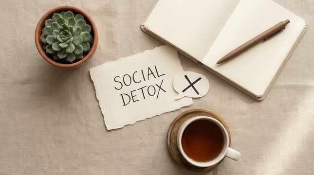 Social detox concept featuring a handwritten note and a crossed-out speech bubble on a desk.