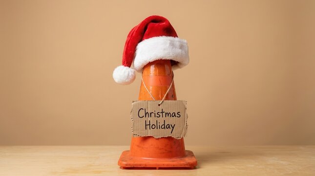Traffic cone wearing a Santa hat with a cardboard sign for Christmas holiday construction delay.