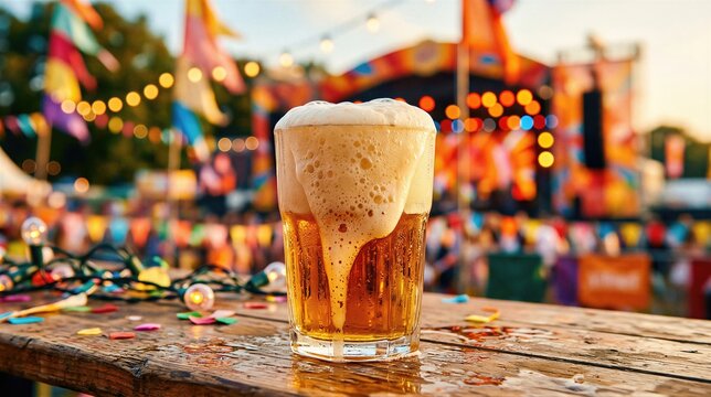 Glass of cold beer with foam on a wooden table at a summer music festival. Blurred stage lights and festive decorations in the background. Concept of refreshment and outdoor party.