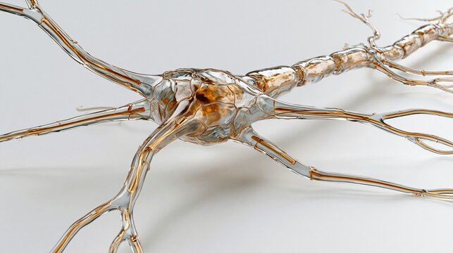 Orthographic side view of a translucent human motor neuron emphasizing the axon hillock and soma surrounded by soft shadows on white captured in ultraclear scientific lighting with