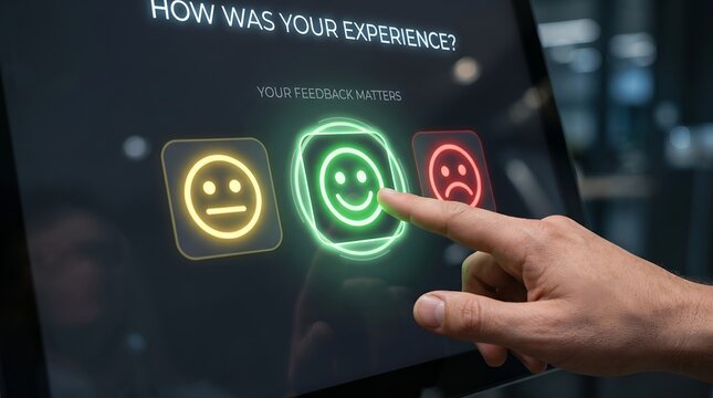 Customer feedback and user experience rating interface with smiling emoji review icons, satisfaction survey and service evaluation concept
