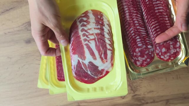 Hands holding yellow packaging with sliced meats, first showing round slices, then a larger piece, and finally a tray with salami and a marbled meat cut