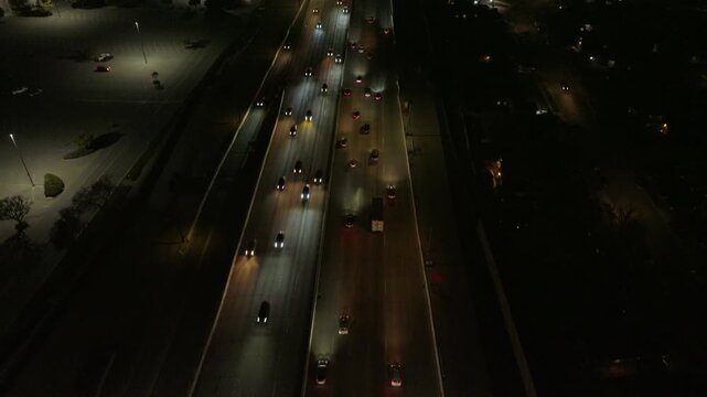 Close View of Interstate Highway 405 Night Suburban Los Angeles Aerial Footage