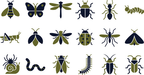 A collection of various insect icons presented as a flat graphic design photo for creative projects © Septarim