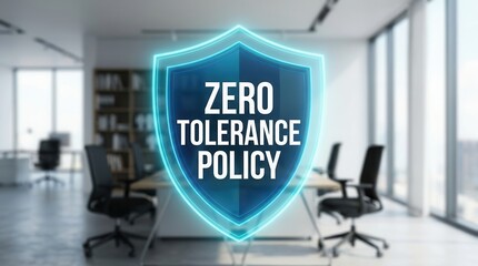 Zero tolerance policy displayed on a digital blue shield in a modern office workplace.