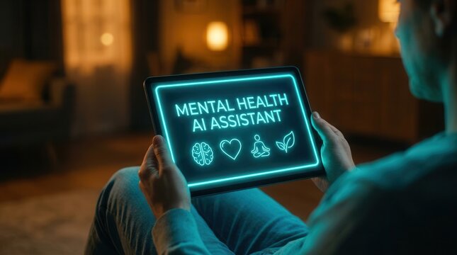 Person using a tablet for a mental health AI assistant featuring digital technology innovation.