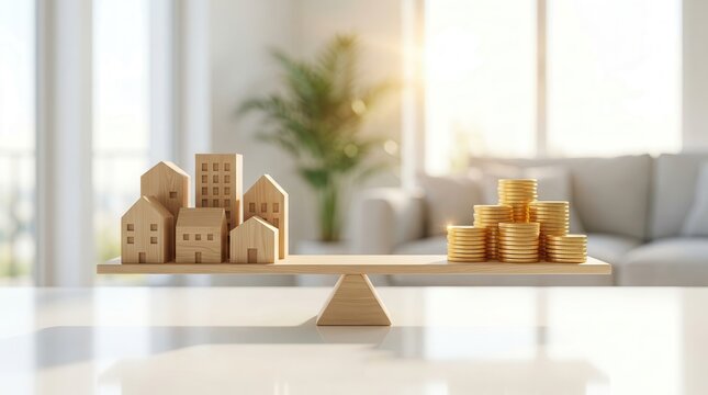 Real estate investment concept showing wooden house models and gold coins on a seesaw scale.