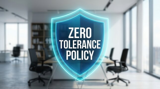 Zero tolerance policy displayed on a digital blue shield in a modern office workplace.
