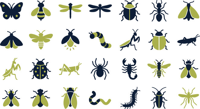 A collection of various insect icons featuring diverse species displayed in a clean grid layout design