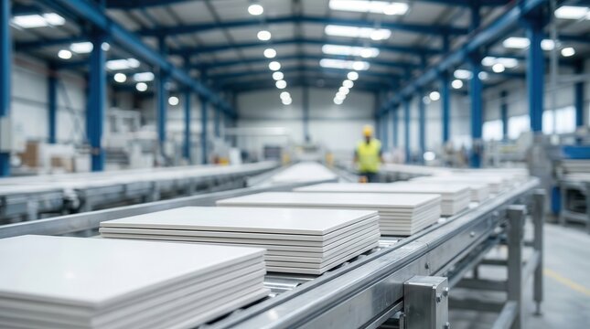 Ceramic tiles move along an organized conveyor belt in a factory setting for quality control inspection.