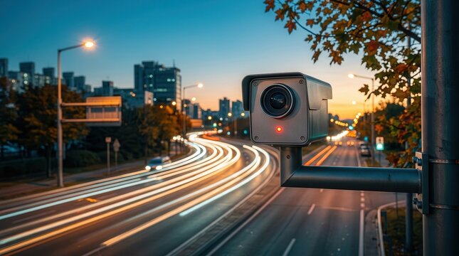A radar speed camera mounted on the roadside for monitoring traffic control.