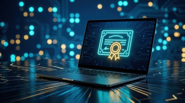 A glowing neon award ribbon icon on a laptop screen represents a digital certificate and online diploma concept.