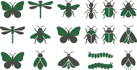A collection of stylized insect icons featuring various forest creatures arranged in a neat grid pattern © Septarim