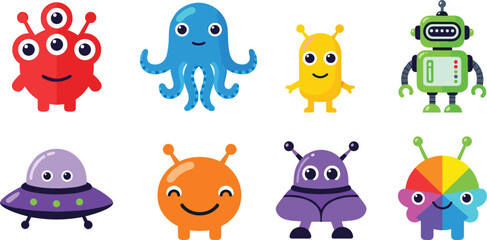 Cute Alien and Robot Cartoon Characters Set with Friendly Monsters, Flying Saucer UFO, and Space Creatures for Kids Game Designs © MdMojnu