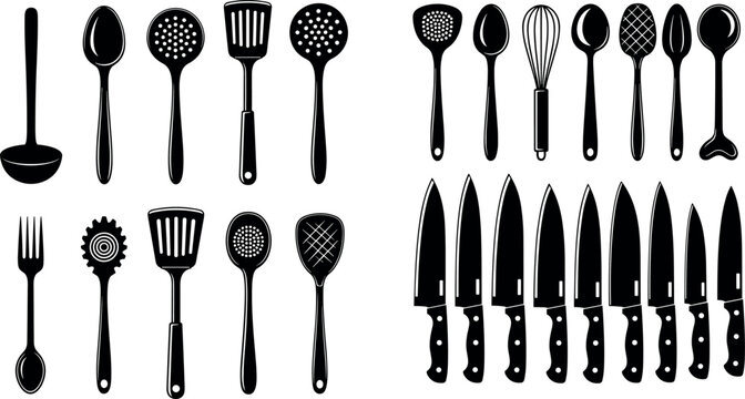 Kitchen Utensils and Chef Knives Silhouette Vector Element Set featuring Spatulas, Ladle, Whisks, Spoons, and Forks for Culinary Arts and Restaurant Menu Graphics