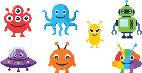 Cute Alien Monster and Friendly Robot Cartoon Characters Set with UFO Flying Saucer, Octopus Space Creature, and Colorful Mascot Icons © MdMojnu