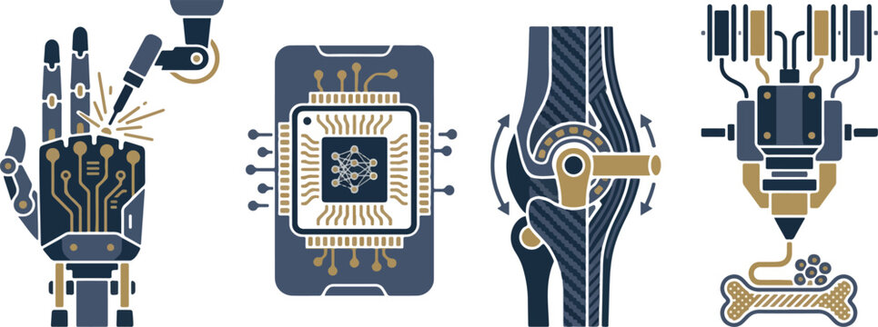 Bionic technology concepts with robotic hand neural network microchip artificial joint and 3d printed bone part.
