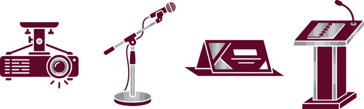 Conference and presentation equipment icons including digital projector microphone stand table nameplate and podium.
