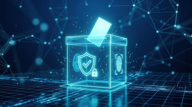 Secure digital voting system with a glowing ballot box and cyber security shield icon.