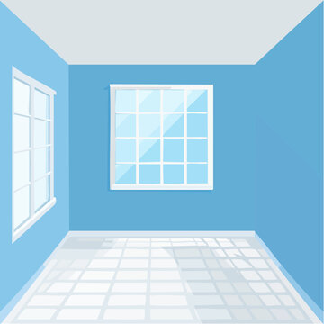 Soft morning light entering a modern blue room with clean vector illustration