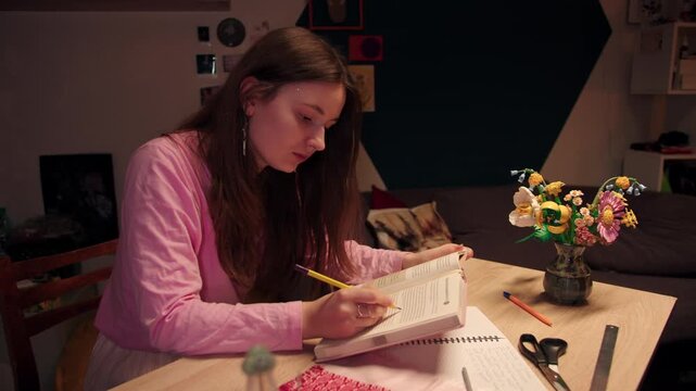 Young woman sits at the table, looks at the book and makes notes. Focused female learner underlines the text. Female caucasian student studies and makes colorful highlights by pen in evening room