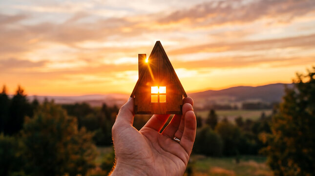 Wooden house model held in hand against sunset, real estate concept for dream home, mortgage and property investment in rural landscape