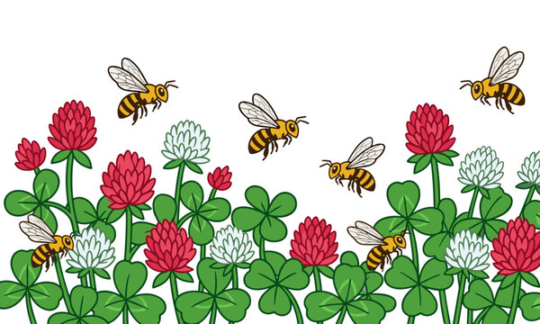 Honey bees flying and collecting pollen over fields of blooming pink and white clover on a clean white background concept of pollination and beauty of nature microcosm