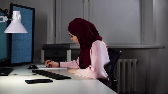 Woman in hijab working at desk latenight, side profile at monitor under desk lamp, typing on keyboard with concentrated posture, minimalist workstation with tidy notebook and quiet